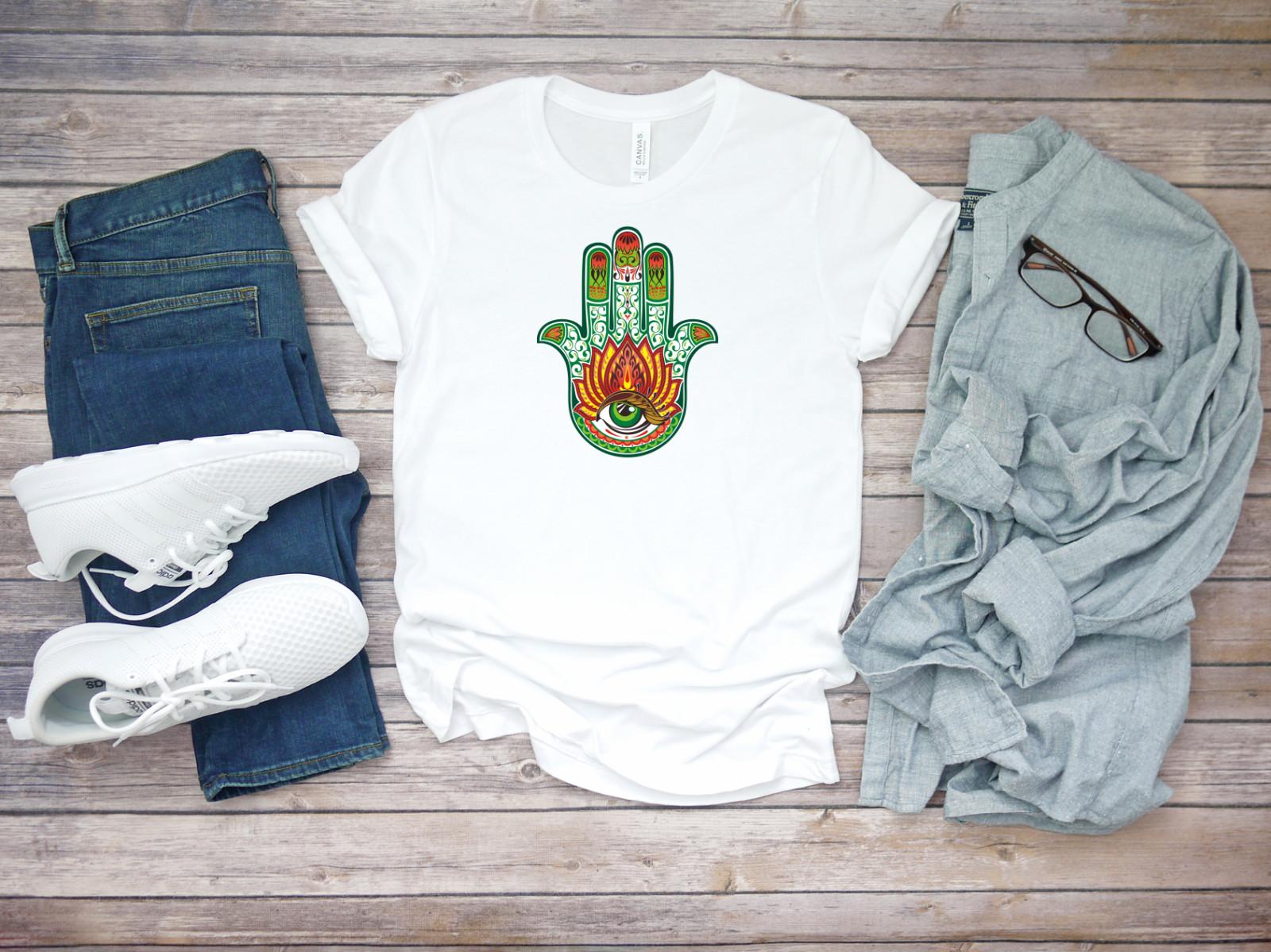 Indian Hamsa Hand of Fatima Style Short Sleeve White Men T-shirt C029 XXXL