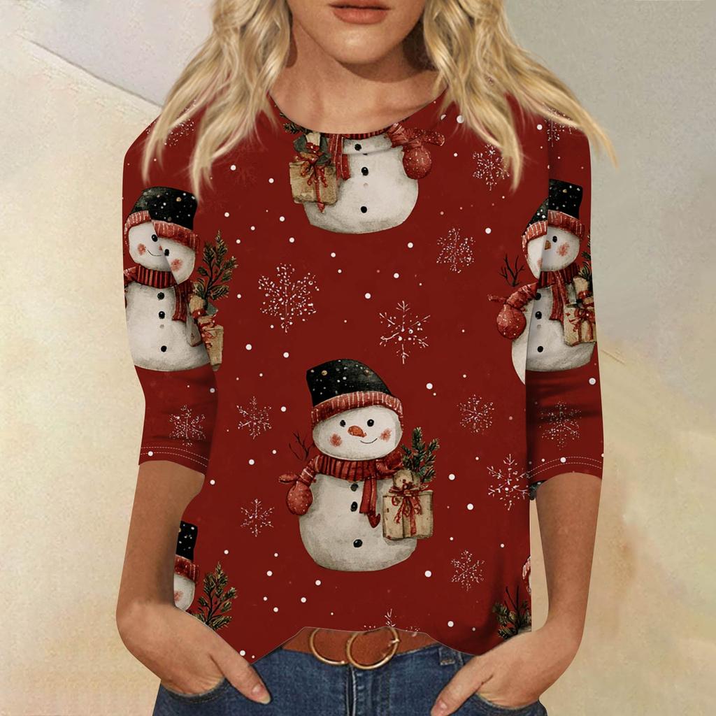 Women's Fashionable Casual Three-Quarter Sleeve Halloween Print Round Neck Top