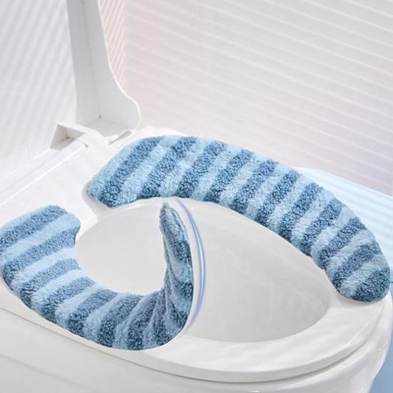 1 Pair Toilet Mat Striped Pattern Thickened Design Plush Warm Toilet Seat Protector Easy Installation Bathroom Mat