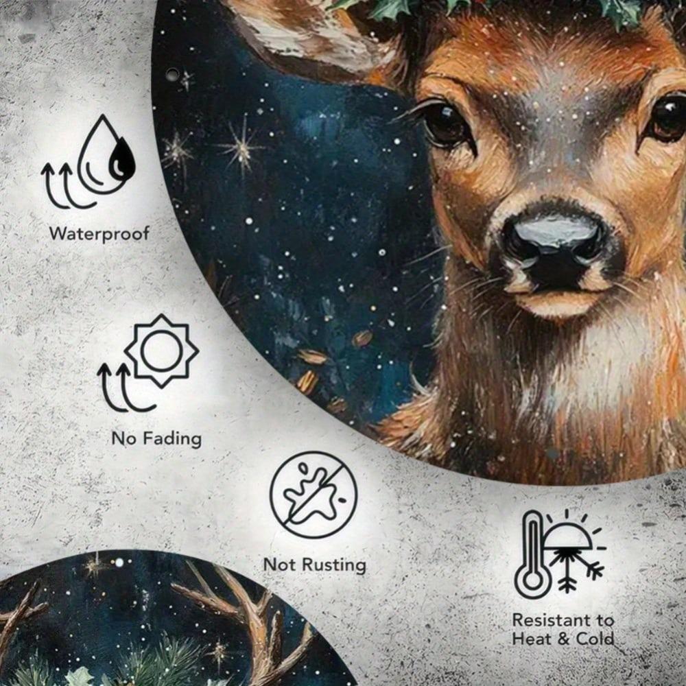 Vintage Reindeer Christmas Metal Wall Art 8x8 Inch Round Tin Sign For Bar Cafe Club Room Decor