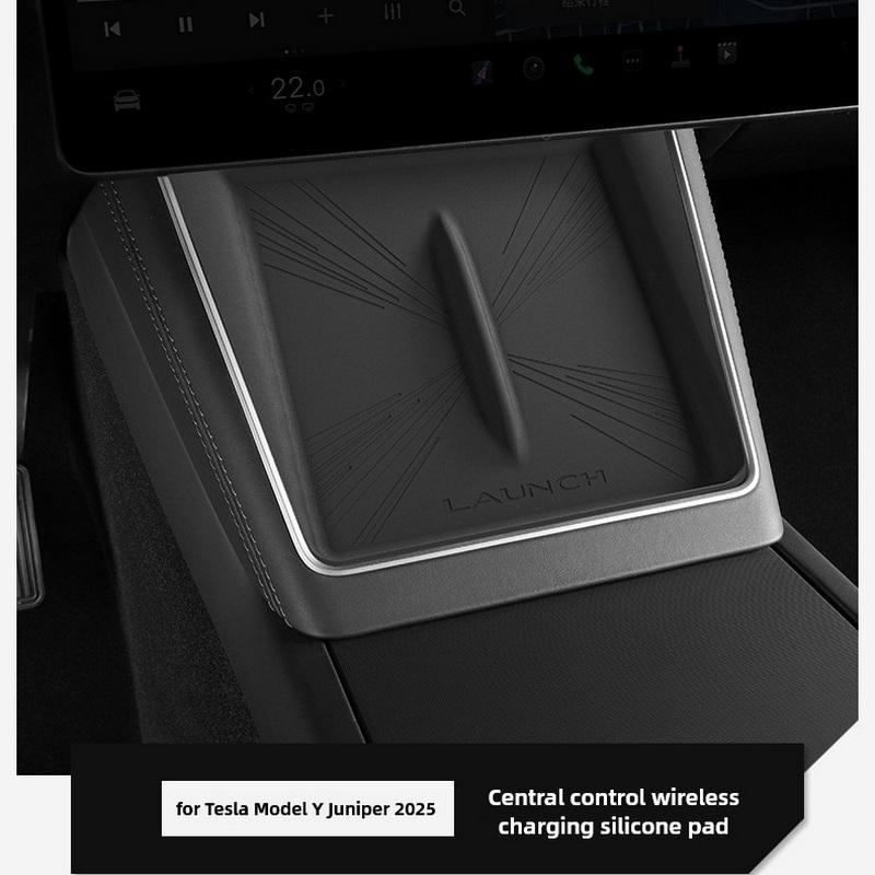 for Tesla New Model Y Juniper/Launch 2025 Wireless Charging Pad Anti-skid Cover Plaid Silicone Car Phone Non-slip Charger Mat