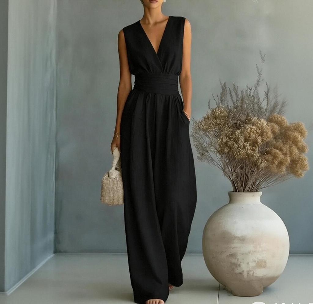 Sleeveless V Neck Wide Leg Jumpsuit for Women Elegant Long Romper with High Waist and Pockets Casual Loose Fit Overalls