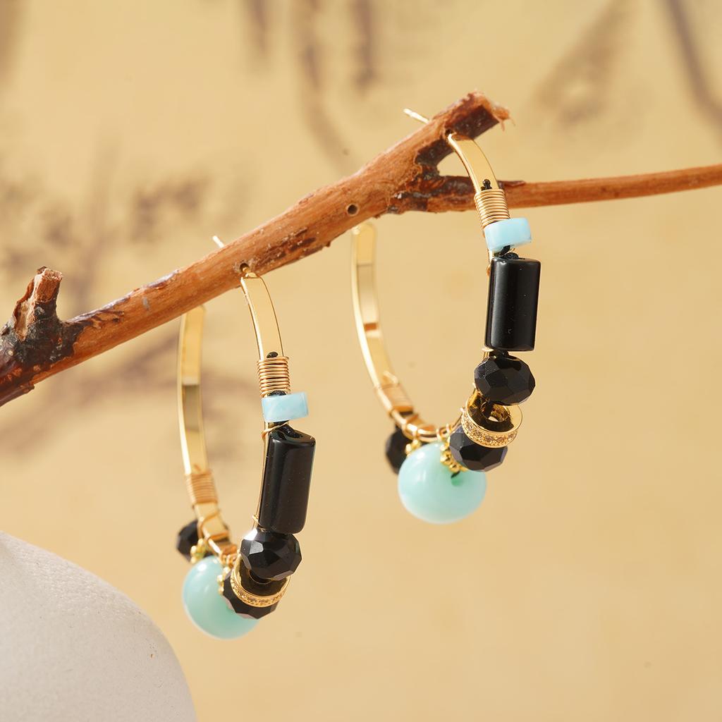 Retro new Chinese natural stone beaded earrings collection handmade design national style oil painting temperament earrings