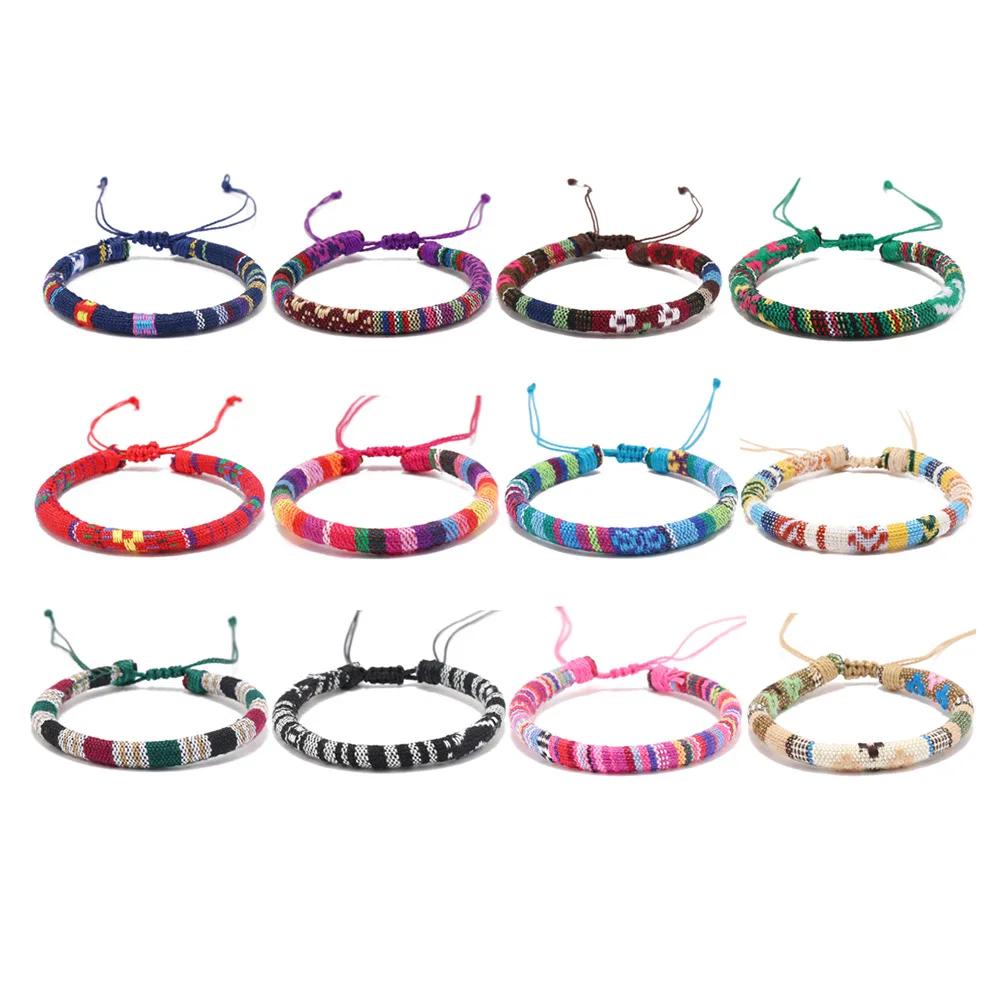 12Pcs Bohemia Colorful Bracelet Set For Women Nepal Ethnic Fabric Braided Rope Adjustable Bangle Men  Summer Jewelry