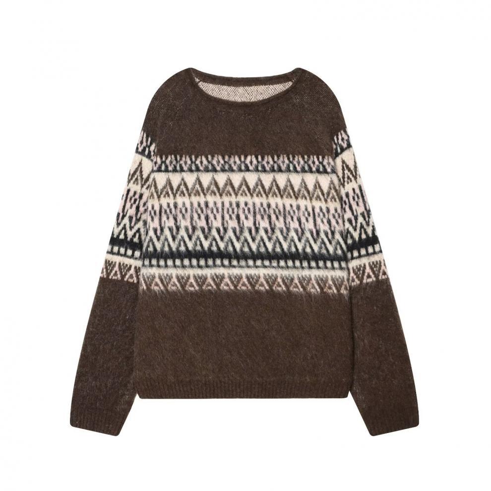 European and American style, new women's clothing, fashionable, versatile, simple color-rubbing effect jacquard knitted sweater