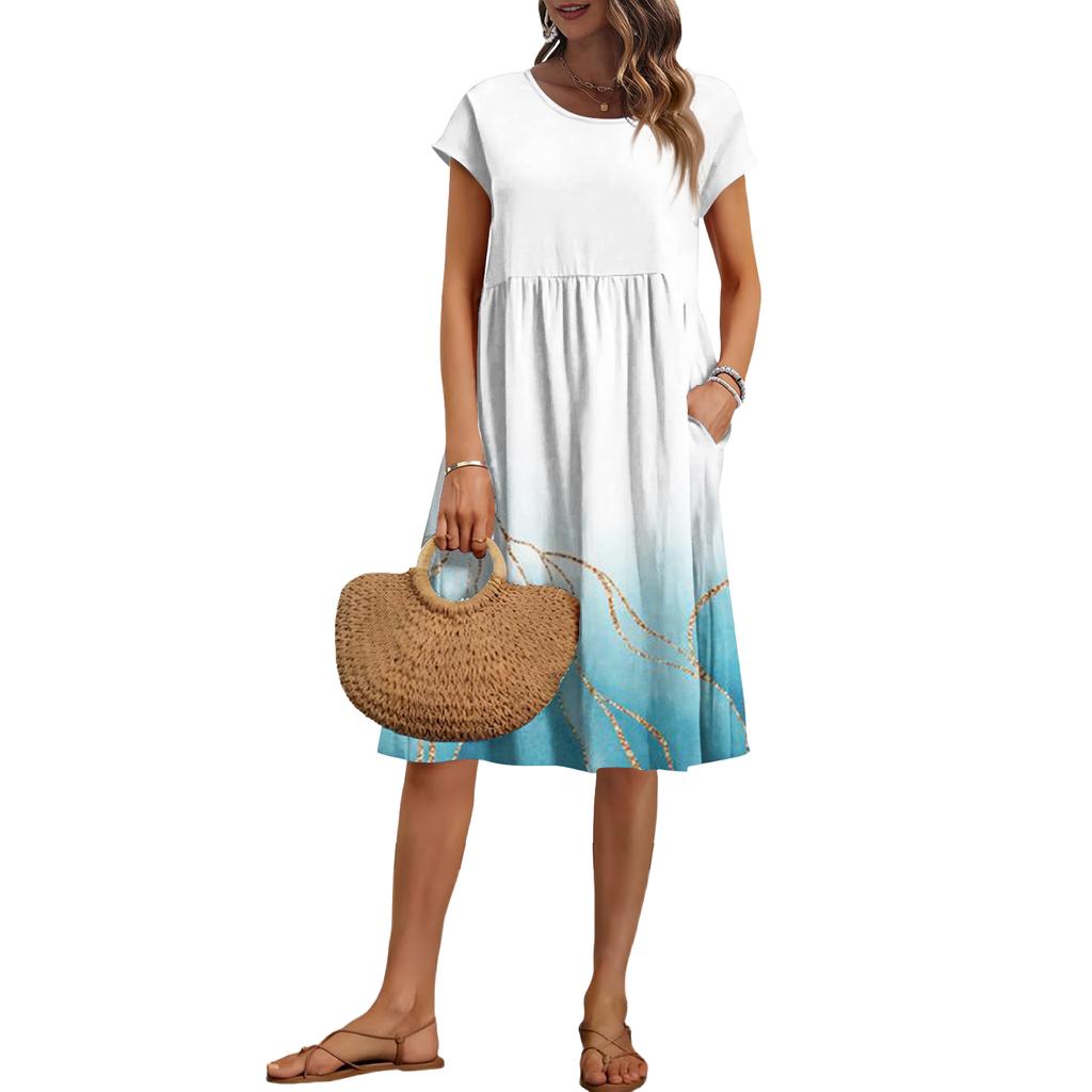 Damen Sommer Mode Lässig Rundhals Kurzarm Blumenmuster Kleid