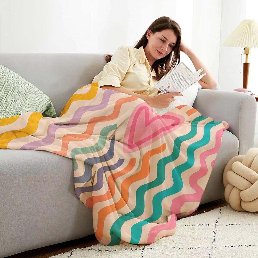 Rainbow Wave Heart Cartoon Anime Print Flannel Blanket Soft Warm Throw For Kids Bedroom Sofa Bed Christmas Office Car