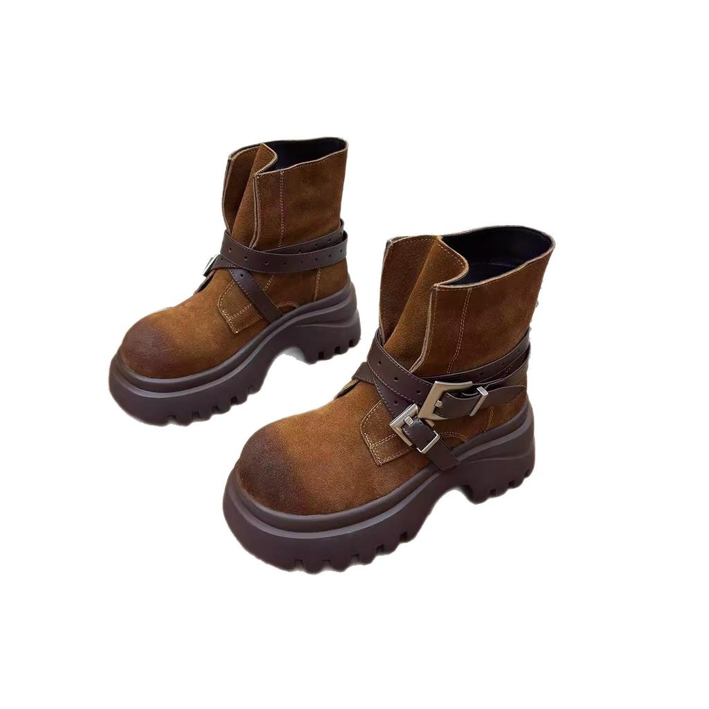 [Fanfna] Retro belt buckle Martin boots women's 2025 autumn new bundle big tube circumference thick-soled locomotive boots