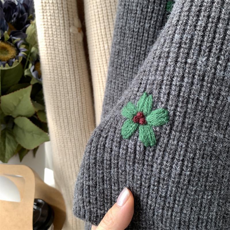 Γυναικείο Ρετρό Κεντημένο Φλοράλ Πουλόβερ για Φθινόπωρο και Χειμώνα, Χαλαρό και Άνετο Στυλ, Υψηλής Ποιότητας Κορεατικό Πλεκτό