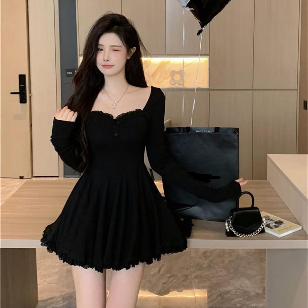 Sexy Solid Knit Dress with Tight Long Mini Square Lolita Short Perfect for Everyday and Dates [SDSXZWG] Women's Fit, Sleeves, Lace, Neck, A-Line,