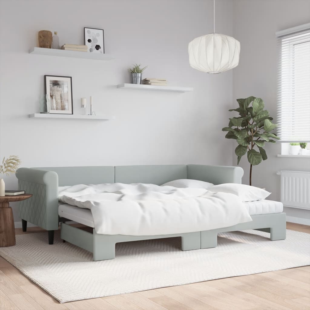 Pull Out Daybed with Mattresses Light Grey 90x200 cm Velvet