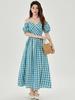 Women's Summer Retro Blue Plaid Puff Sleeve Dress with Waist-cinching Slim Fit