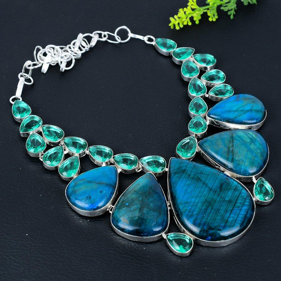 Blue Labradorite, Apatite Gemstone 925 Sterling Silver Jewelry Necklace 18"