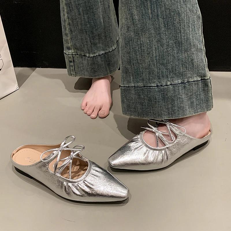 Women's Fashion Slippers 35-40 Pointed Toe Square Heels Thin Strap Bow Fashion Sandals Soft Leather Comfortable with Skirt Shoes