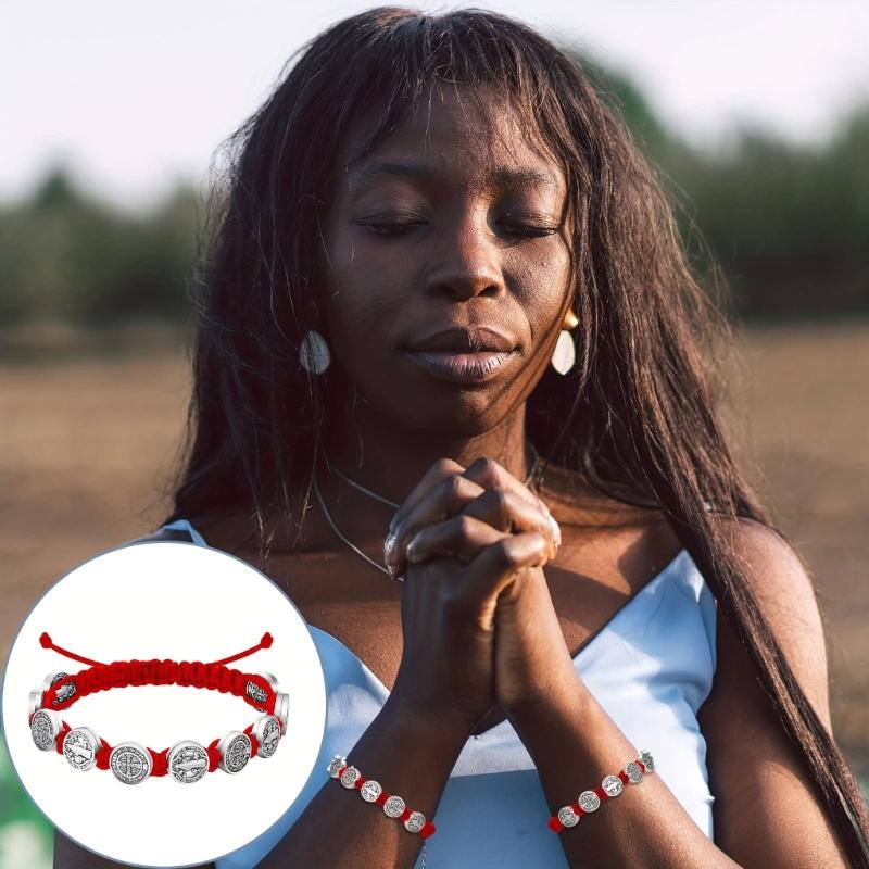 Set Of 12 Saint Benedict Charm Bracelets Handmade Wristbands Adjustable Length Wristchains Religious Blessing Jewelry