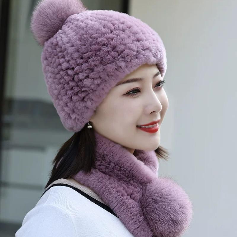 Rex Rabbit Hair Hat Scarf Two-piece Set Women's Winter Fur Hat Set Winter Fashion Warm Middle-aged Mother Hat