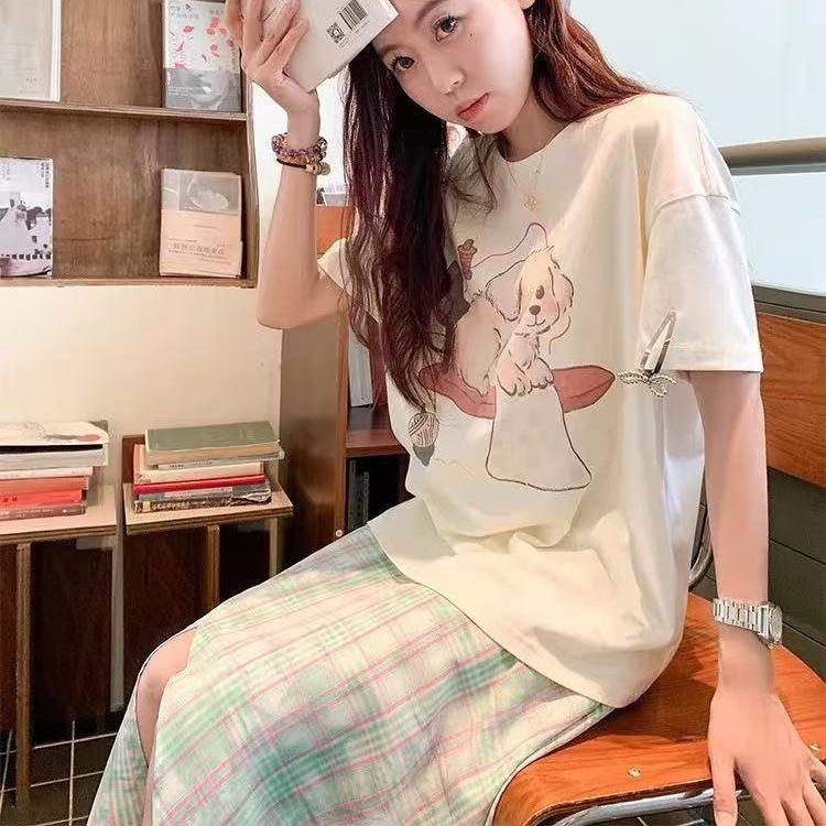 Korea Dongdaemun White Short Sleeve Women's T-Shirt Summer Crew Neck Letter Printed Top Loose Versatile Front Shoulder T-Shirt