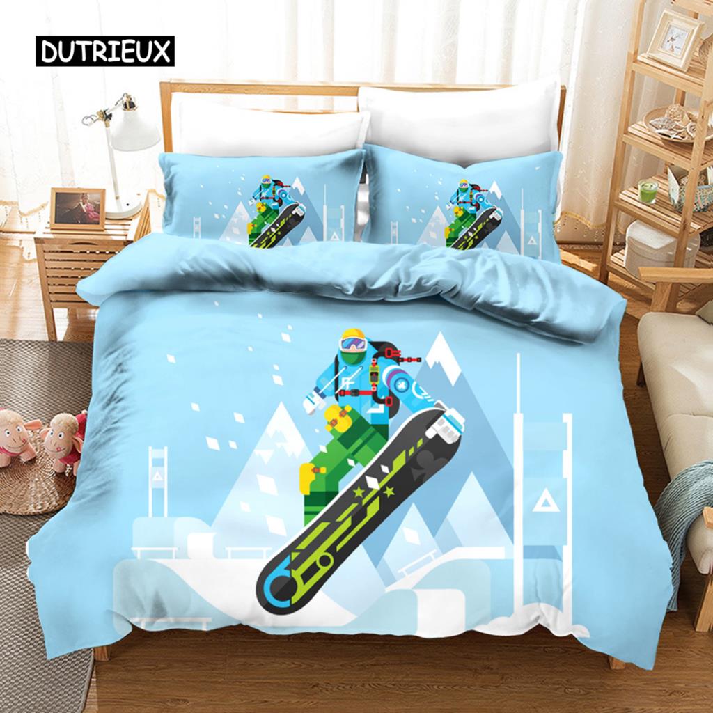 Ski Bettbezug Mikrofaser Extremsport Thema Einzelbettwäsche Winter Sport Ski Schnee Berglandschaft Queen King Bettdeckenbezug