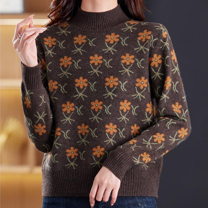 Jacquard Sweater Loose Half Turtleneck Knitted Sweater for Women In Autumn and Winter Fashionable and Casual Pullover