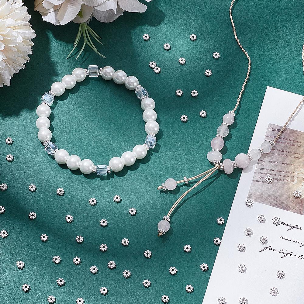 500Pcs Tibetan Style Alloy Daisy Spacer Beads, Lead Free & Cadmium Free, Flower, Silver, 4x1.5mm, Hole: 1mm