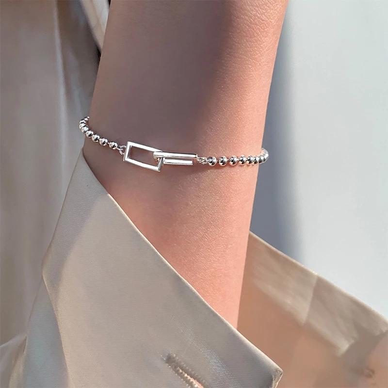 925 Silver Geometric Square Round Bead Bracelet For Women Personality Temperament Simple Hand Jewelry Party