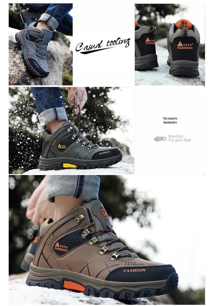 Men's High-Top Waterproof Leather Hiking Boots, Warm, Velvet-Lined, Thick-Sole, Large Size, Autumn/Winter Outdoor Off-Road Footwear.