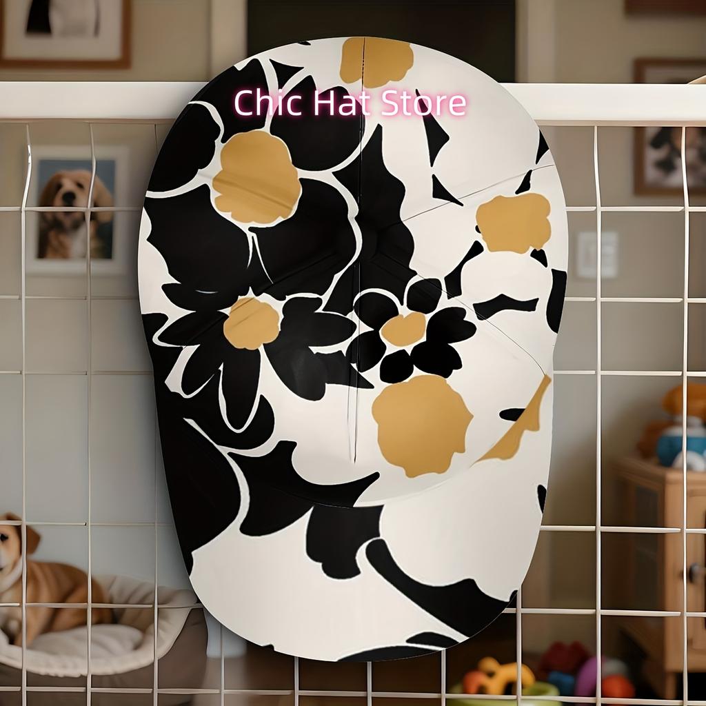 Baseball Cap Featuring A Black And White Floral Design, Adorned With A Tropical Flower Motif, Perfect For Summer Getaways. This