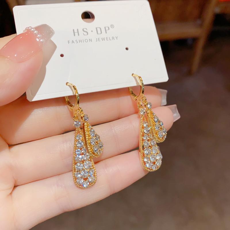 Double-layer Full Zircon Teardrop Earrings Light Luxury Temperament High-end Exquisite Versatile Earrings