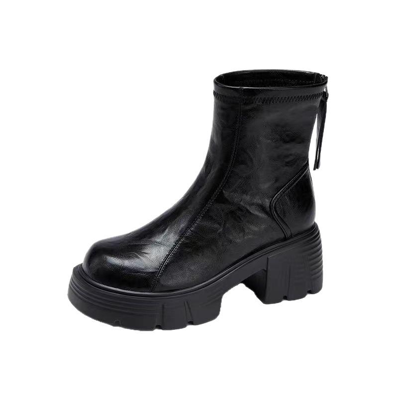 Mode Plateauschuhe Stiefeletten 2025 Herbst und Winter runde Spitze mittlerer Absatz Reißverschluss hinten vielseitige britische Martin-Stiefel Damenstiefel