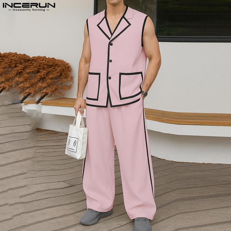 INCERUN 2PCS Men Sets Sleeveless Waistcoat and Long Straight Stitching Pants Outfits