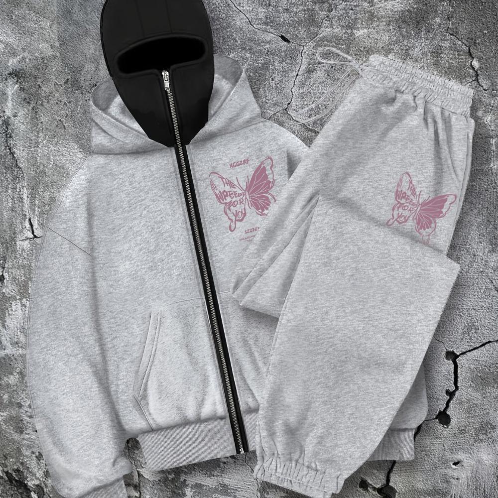 Women's Fashion Trendy Printed, Balaclava Double Hood and Collar Zip-Up Sweatshirt  Pants Set