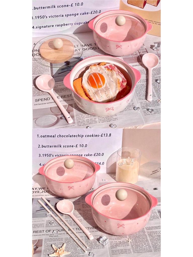 High-Value Ceramic Noodle Bowl with Lid: Super Fairy, Bowknot Design, High-Temperature Resistant, Perfect for Instant Noodles and Rice.