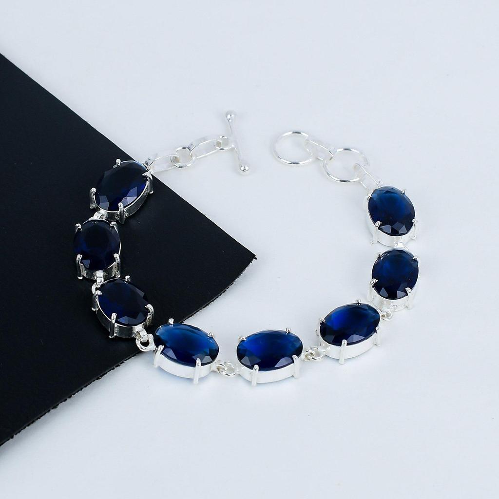 Blue Sapphire Gemstone Handmade 925 Sterling Silver Bracelet, Blue Sapphire Bracelet For Wife , Unisex Bracelet Party Gift For Her