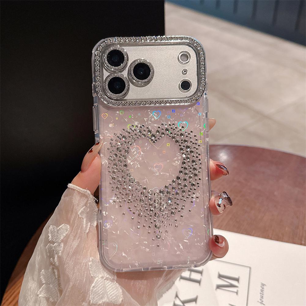 

Чехол для телефона с узором «Ракушка с бриллиантовой линзой» для iPhone 17 16 Pro Max 15 14 13, со стразами в форме сердец, лазерная противоударная задняя крышка iPhone 13 Pro Max розовый