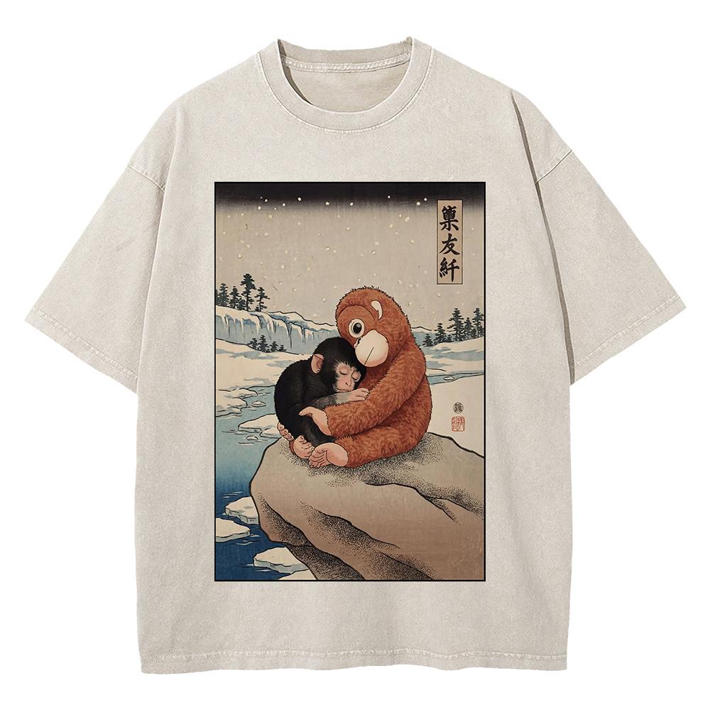 

Cotton Vintage Washed Monkey Punch T Shirt Fashion Men Baby Monkey Holding Plush Toy Team Punch Loose Acid Wash Tees Shirts S