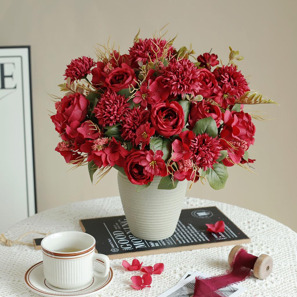 1PC Artificial Roses Flowers Home Decoration Valentine's Day Wedding Bridal Bouquets Garden Fake Silk Peony Hydrangea Vase Board