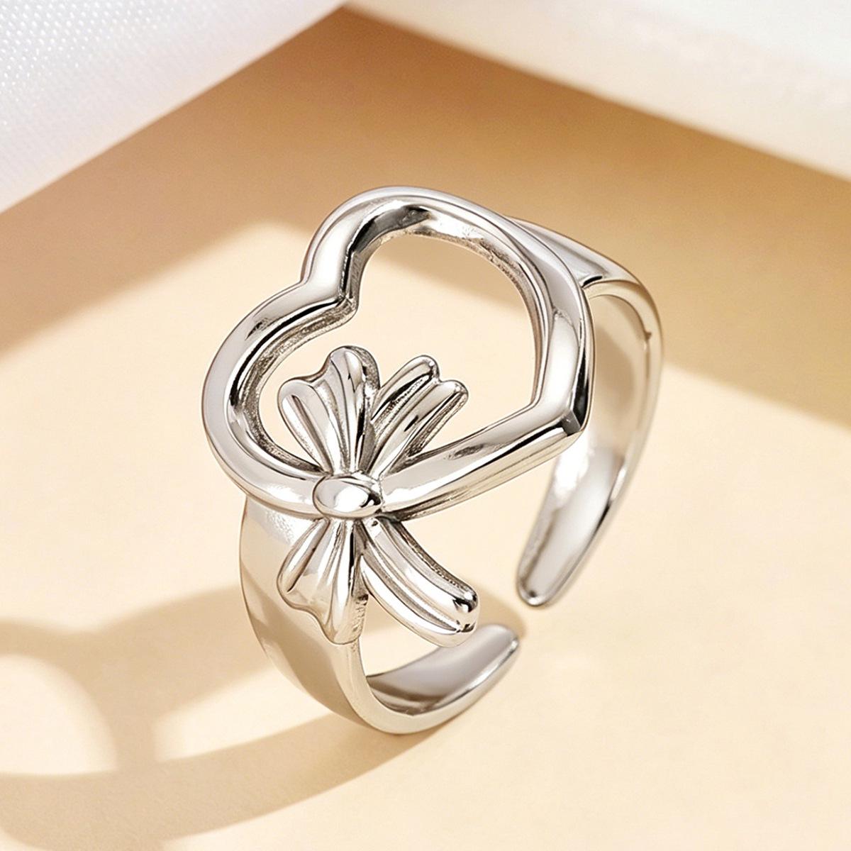 Fresh Academy Style Sweet Bow Heart-Shaped Openable Stainless Steel Ring for Women