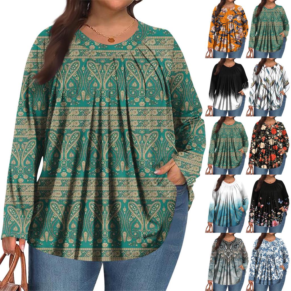Dámská móda plus size Tištěný ležérní plisovaný top s kulatým výstřihem a dlouhým rukávem