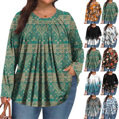 Dámska móda plus size Potlačený ležérny plisovaný top s okrúhlym výstrihom a dlhým rukávom