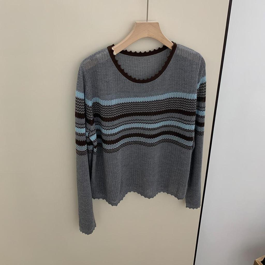 Chic Korean-Style Striped Knit Sweater for Women - 2025 Long Sleeve Hollow Out Top