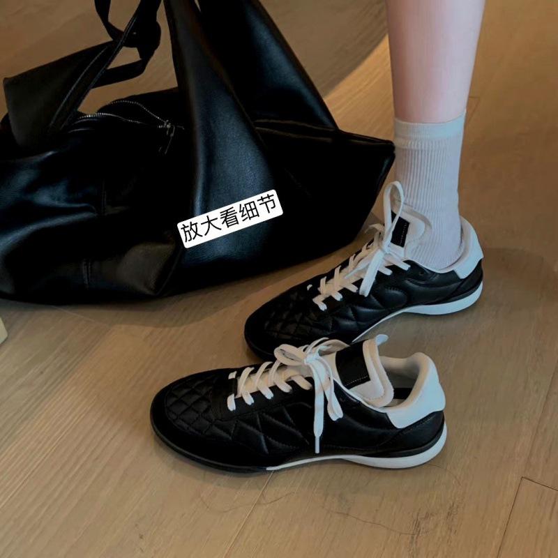 Cowhide version~ Rhombus Xiaoxiangfeng tire cowhide lace-up casual sports shoes women's trendy leather platform running shoes board shoes