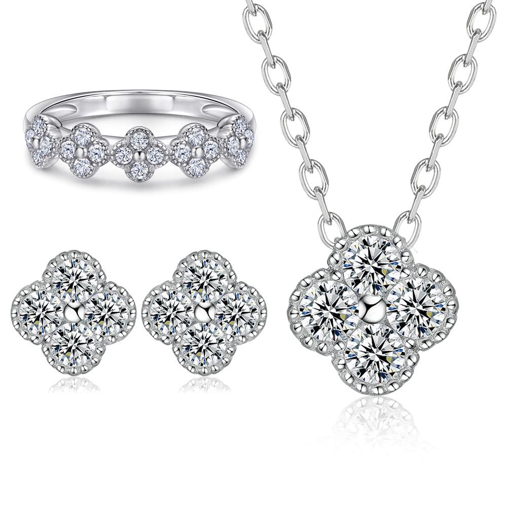Women's 3-Piece 925 Silver Jewelry Set: Four-Leaf Clover Necklace, Flower Zircon Earrings, Sterling Silver Ring