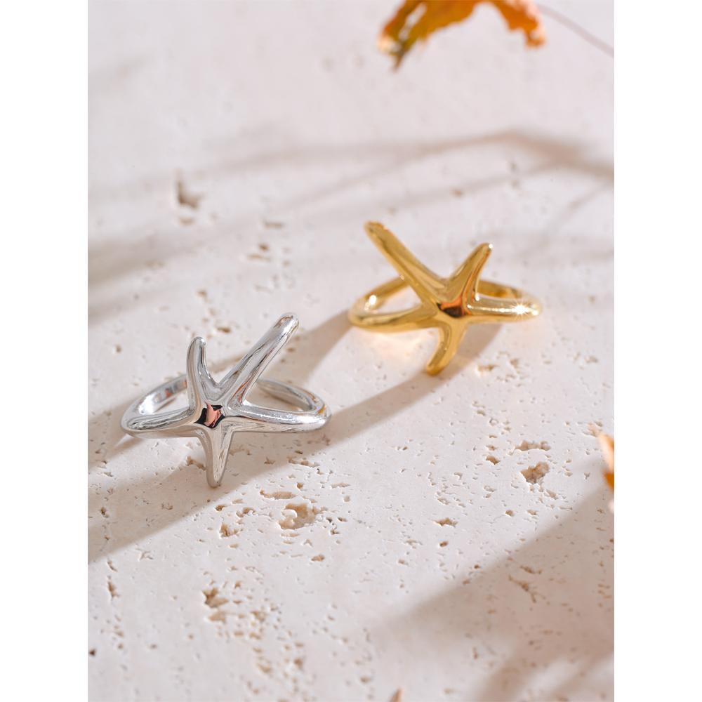 Yhpup Size 7 Ocean Style Stainless Steel Starfish Gold Silver Color PVD Ring Fashion Charm for Women Vacation Daily Wear 2025