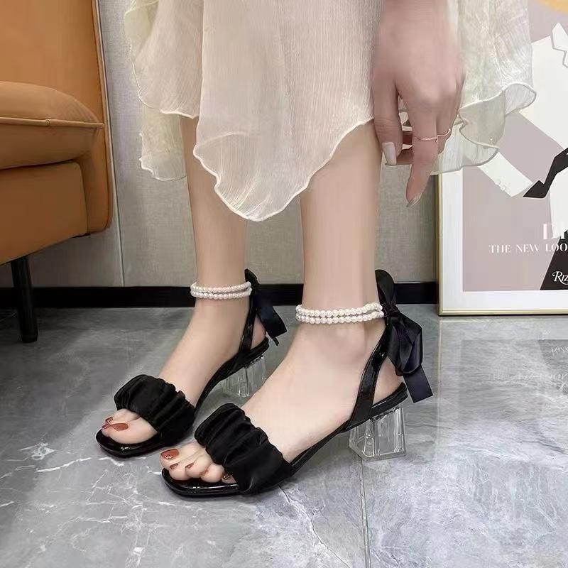 

Туфли на высоком каблуке женские летние 2025 новые сандалии средней толщины с кристаллами французской феи и жемчугом в римском стиле 40 чёрный