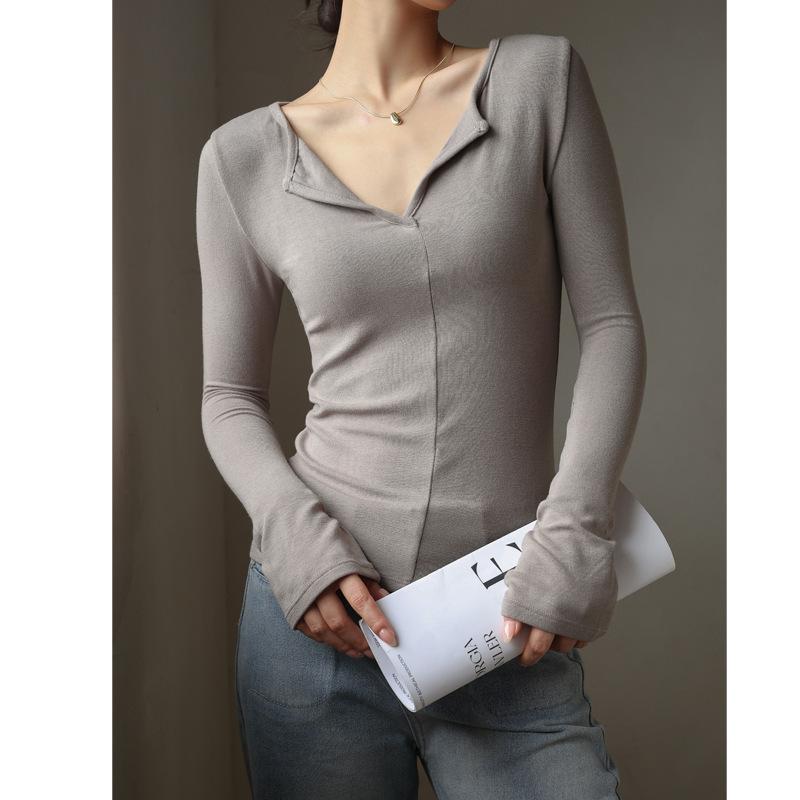 

Женская повседневная винтажная блузка с v-образным вырезом, осенние топы с длинными рукавами, милая белая рубашка, элегантная однотонная рубашка, женские топы XL светло-серый