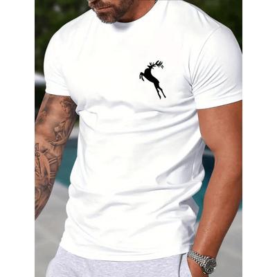 Tallas Europeas Camiseta de Verano Blanca para Hombre con Estampado de Ciervo Negro y Símbolo Masculino - Camiseta Casual de Manga Corta con Cuello Redondo para Acampar y Actividades al Aire Libre