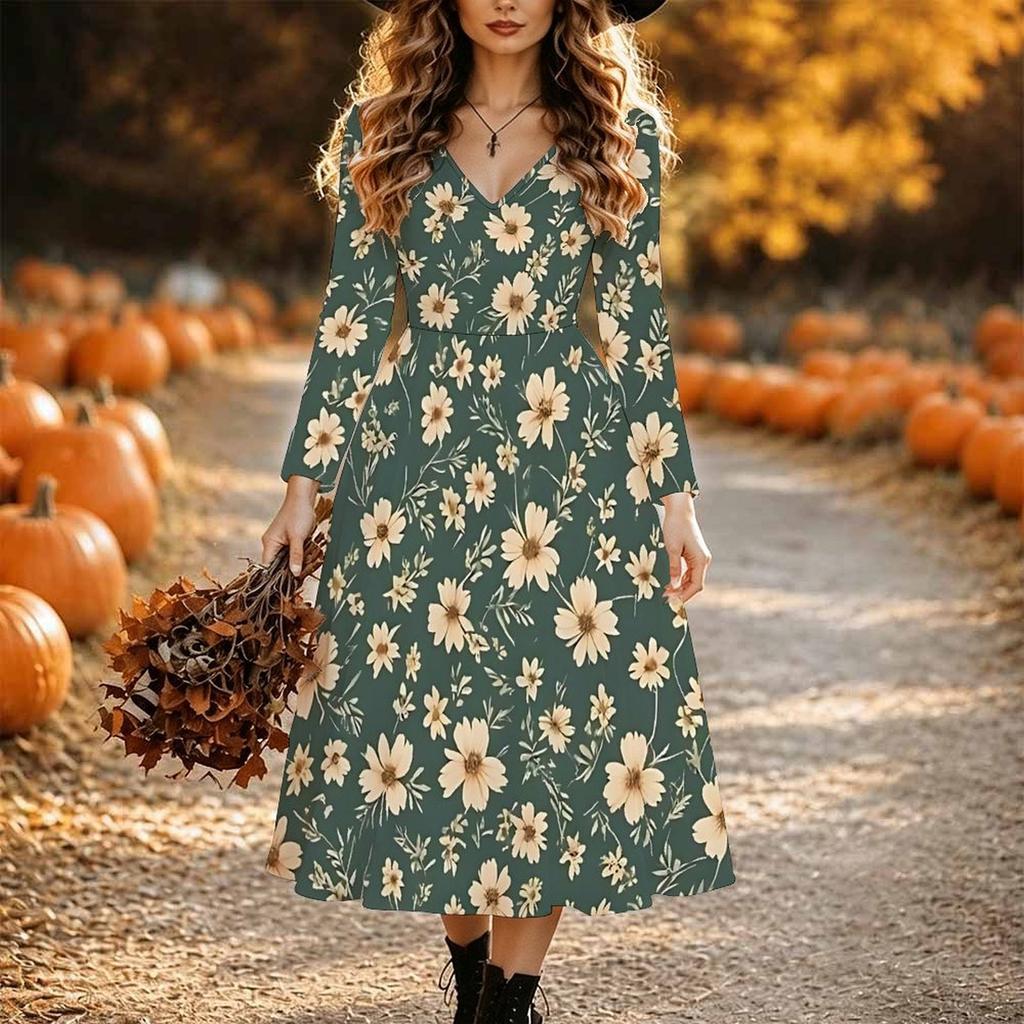 Halloween Women's Vintage Floral Print Midi Dress A Line Dress Vacation Casual Daily Regular Fit Long Sleeve V Neck Black Spring Fall
