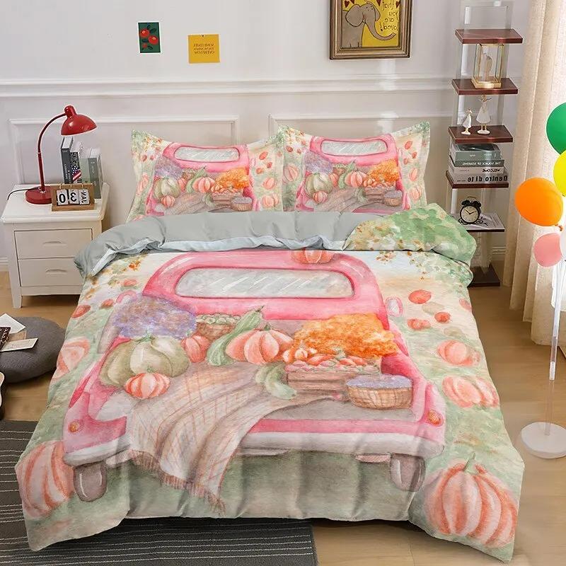 Autumn Pumpkin Truck Bedding Set Boys Girls Twin Queen Size Happy Fall Thanksgiving Duvet Cover Pillowcase Bed Kids Adult
