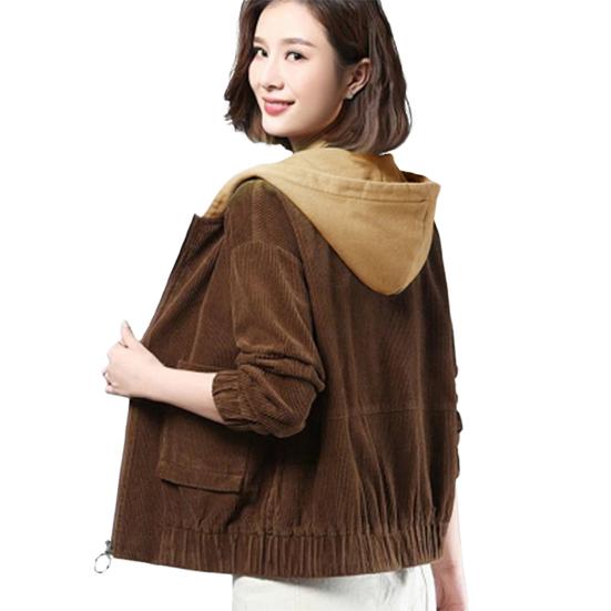 Fall Spring Women Corduroy Jacket Patch Pockets Hooded Loose Colorblock Elastic Cuffs And Hem Streetwear Office And Leisure Coat