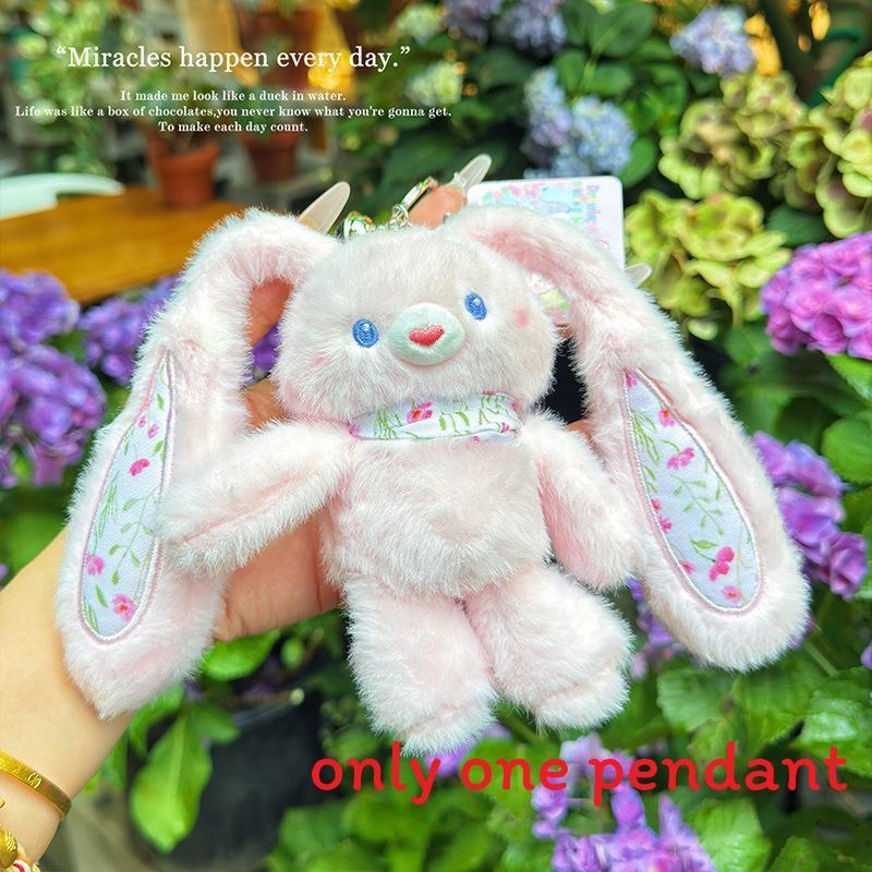 Plush Fluffy Rabbit Pendant Keychain With Flower Design For Accessories Backpack